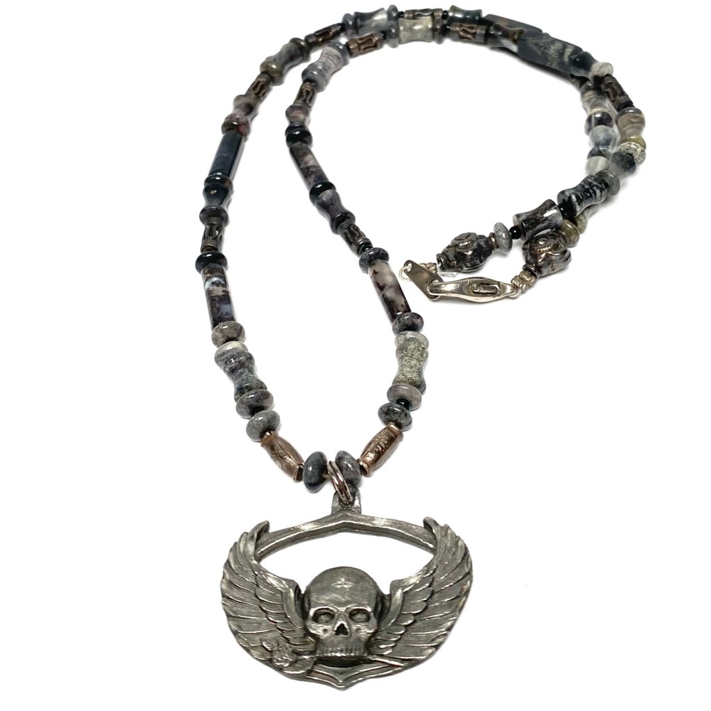Handmade Born to Raise Hell Black Onyx Natural Stone Skull Pendant Necklace